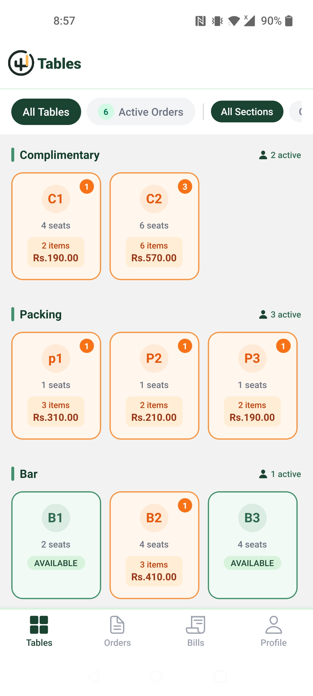 Dine3-60 mobile app showing restaurant tables grouped by section with live order status