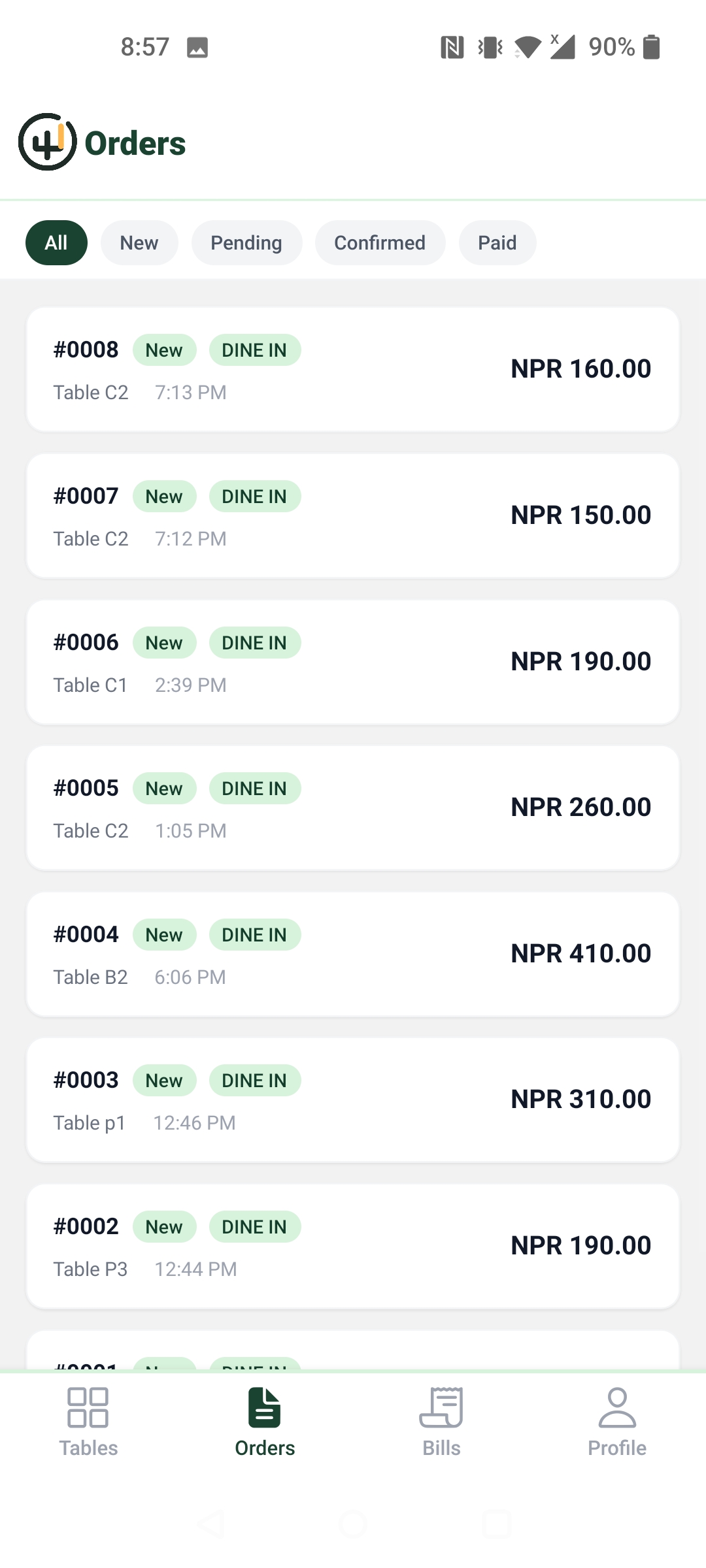 Dine3-60 mobile app order list with status filters for new, pending, confirmed, and paid