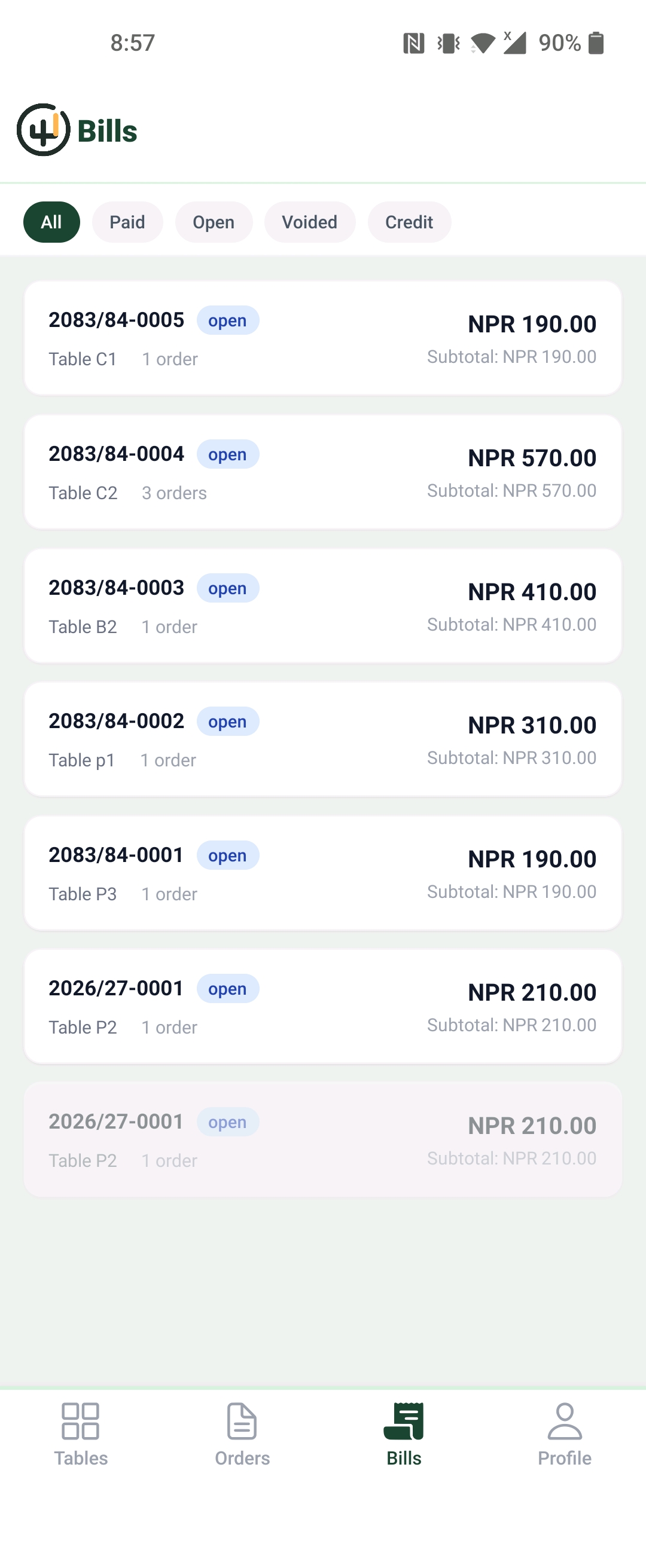 Dine3-60 mobile app bills screen with fiscal-year bill numbers and status filters