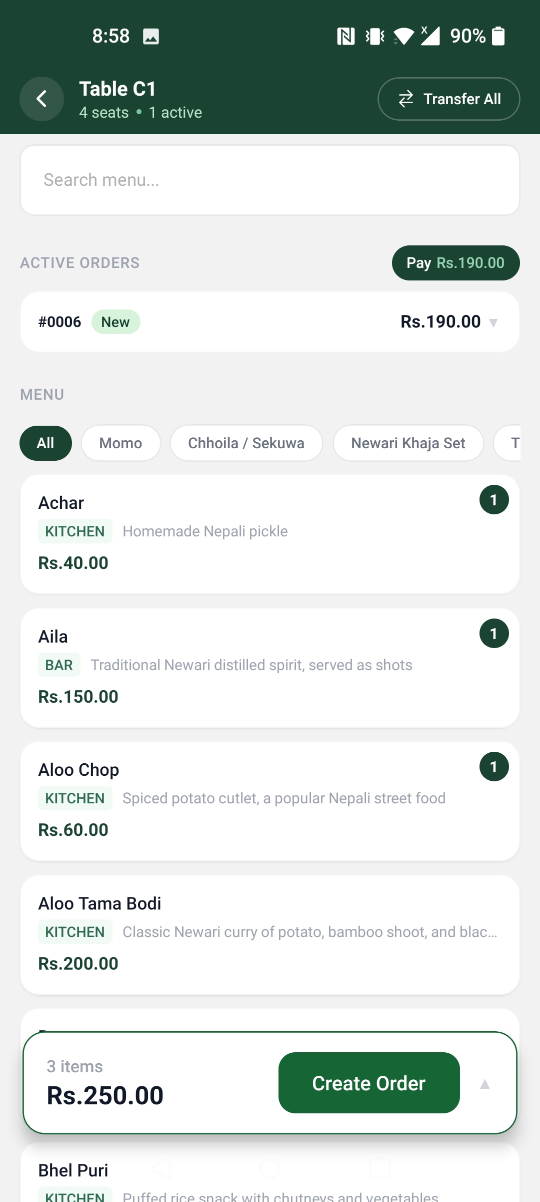 Dine3-60 mobile app menu screen for ordering dishes with kitchen and bar station tags