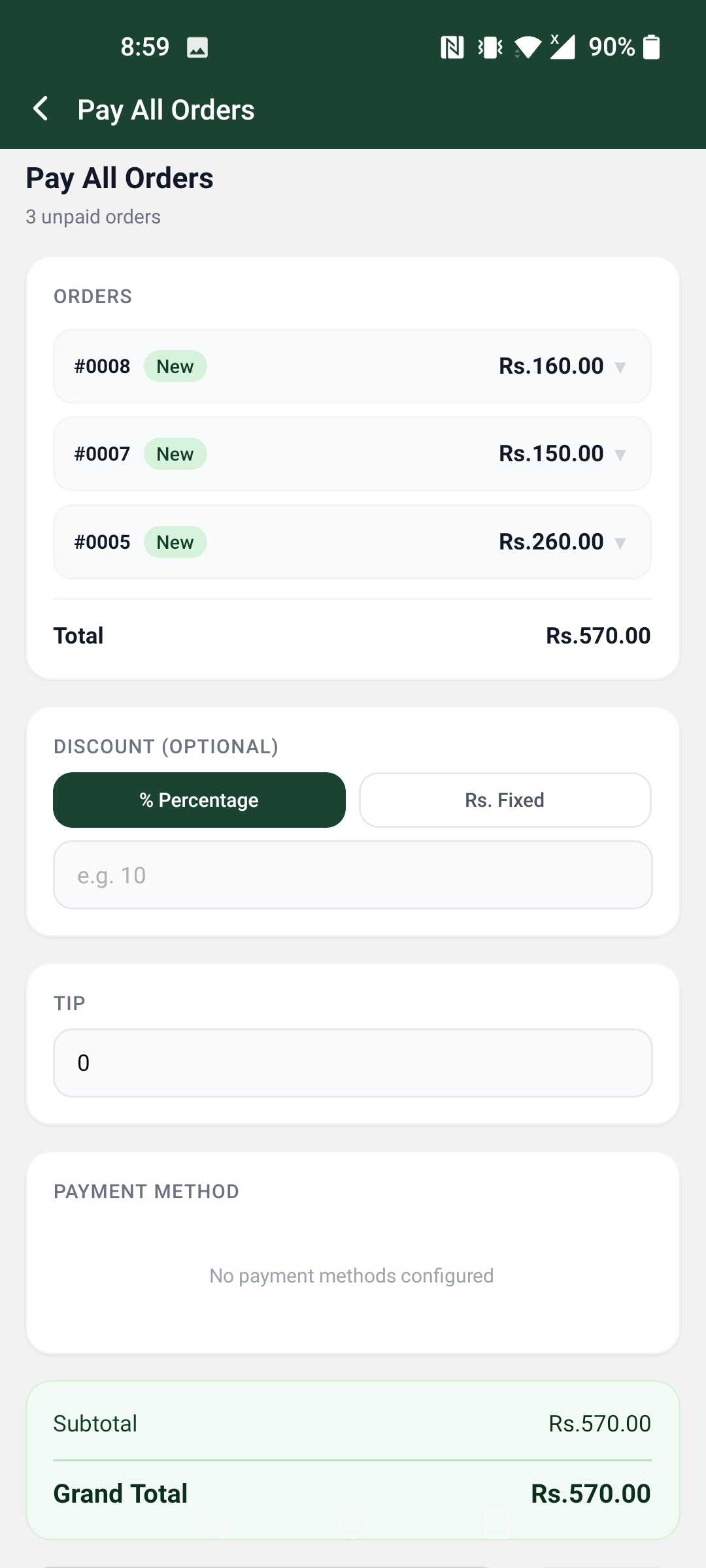 Dine3-60 mobile app payment screen with discount, tip, and payment method options