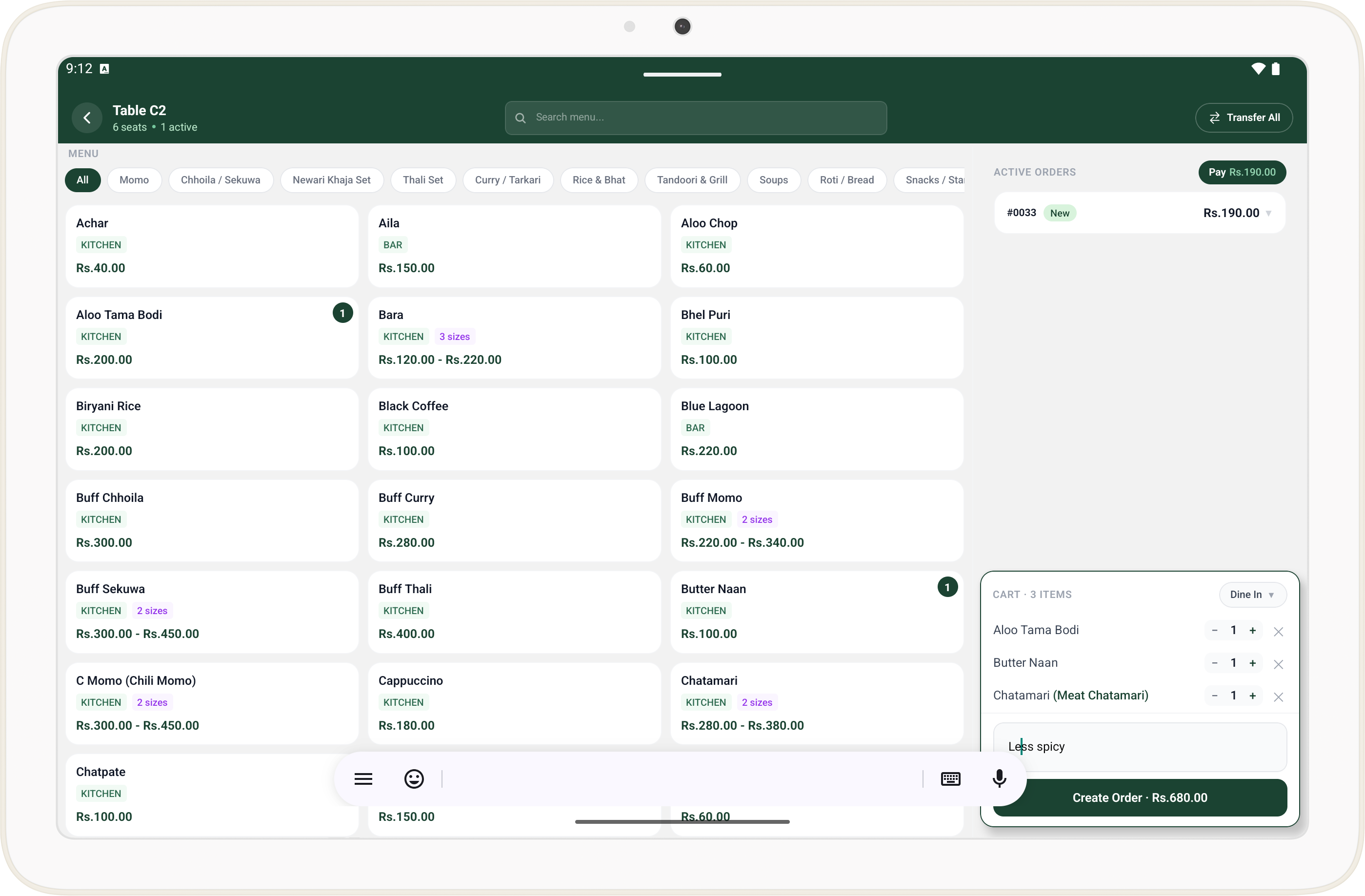Dine3-60 tablet app showing the menu grid beside the live cart for fast order entry